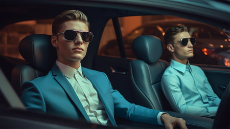 Two stylish businessmen wearing sunglasses and sharp suits seated confidently in a luxury vehicle. Suave Businessmen in Luxury Car.の素材