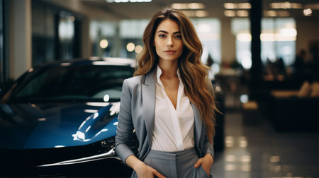 Confident businesswoman standing in a car showroom, with a sleek vehicle in the background.の素材