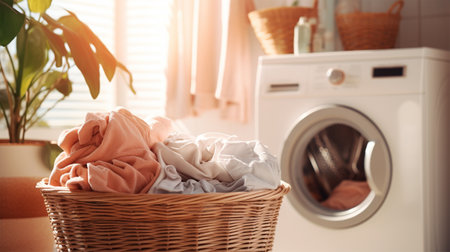 Sunny Laundry Day. Basket of fresh laundry with a washing machine in a sunlit room.の素材