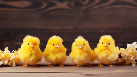 Charming Row of Chicks.Fluffy yellow chickens line up with flowers on a wooden surface.の素材