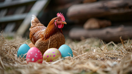 chicken sits next to three Easter colored eggs in hay, rustic style .A brown hen among painted Easter eggs on a straw bed.の素材