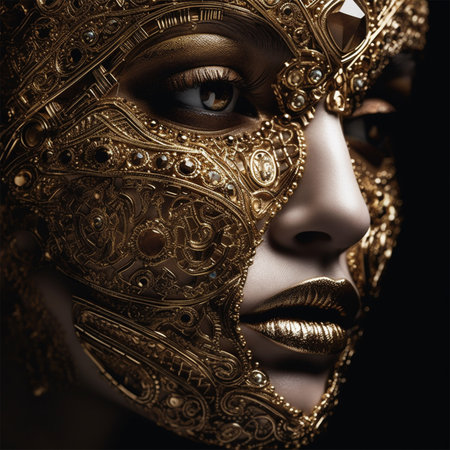 A striking close-up of a woman adorned with an ornate golden mask, exuding elegance and mystery.Mystique of the Golden Masquerade.の素材