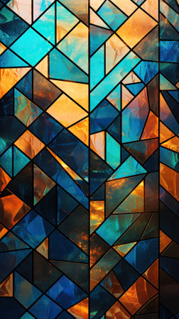 Close-up of an intricate stained glass mosaic pattern with shades of blue, orange and gold.の素材