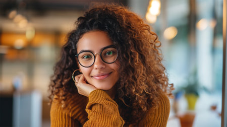 A young woman with curly hair and glasses smiling gently, exuding confidence and style.Confident Young Woman with Curly Hair.の素材