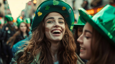 Joyful young women wearing festive green hats with shamrocks, laughing and celebrating St. Patricks Day in a crowd.の素材