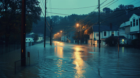 A residential area submerged in floodwaters under a twilight sky, reflecting streetlights.natural disaster and insurance conceptの素材