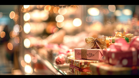 gift box against the background of luxury products of a large candy store, copy spaceの素材