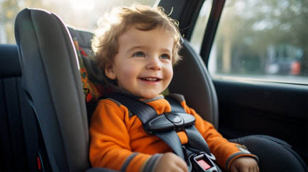 Smiling toddler with curly hair buckled safely in a car seat, enjoying a sunny car ride.Preventing danger. concept of safe travel and protecting lifeの素材