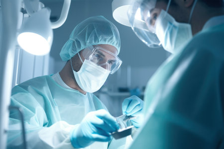 A focused surgeon in scrubs and surgical mask during a medical procedure.Surgeon Performing Operation in Operating Room.の素材