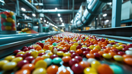 Conveyor belt filled with colorful candies in a modern food processing plant.の素材