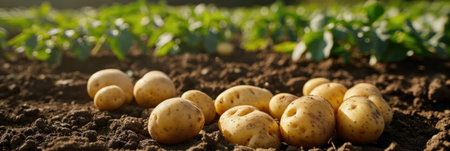 Sunlit potatoes on soil amidst green leaves. Freshly Harvested Potatoes in Field.の素材