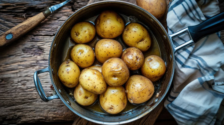 Fresh Potatoes in Rustic Cookware. Raw unpeeled potatoes in a metal pot on a wooden background.の素材