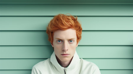 Portrait of a thoughtful redhead man with pale skin against a turquoise backdrop.Surreal Portrait.の素材