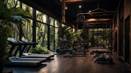 A state-of-the-art gym with treadmills and exercise equipment surrounded by verdant tropical foliage.の素材