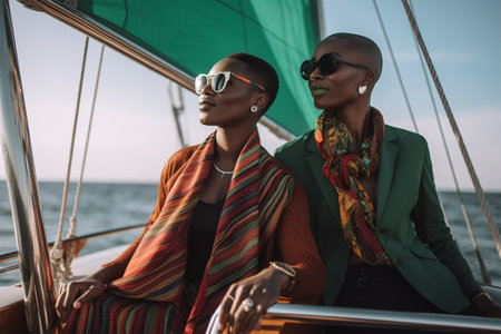 Two stylish African women in sunglasses relaxing on a sailboat.の素材