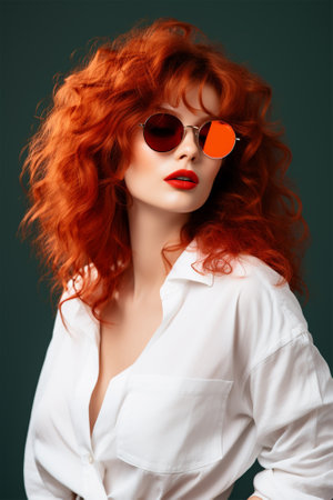Stylish woman with bright red hair and round sunglassesの素材