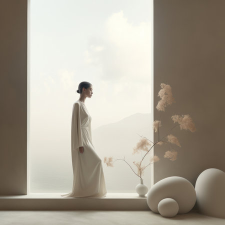 Woman in white gown looking out a large window.の素材