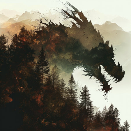 Illustration depicting an eastern dragon against a forest background, double exposure. Year of the Dragon according to the eastern calendar. The symbol of the year in the culture of the East.の素材