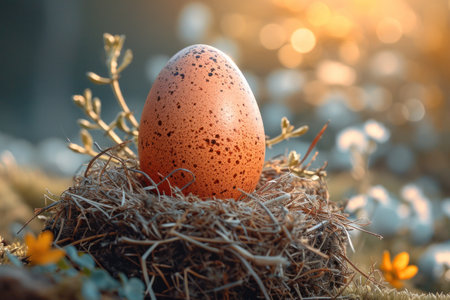A speckled egg cradled in a nest amidst soft light. Nestled Beginningsの素材