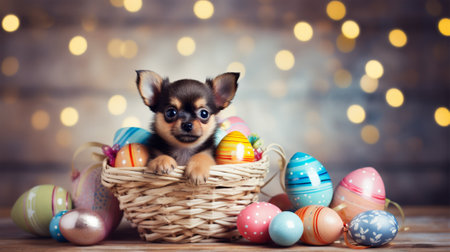 Adorable puppy with colorful Easter eggs in a basket, bokeh lights backdrop.の素材