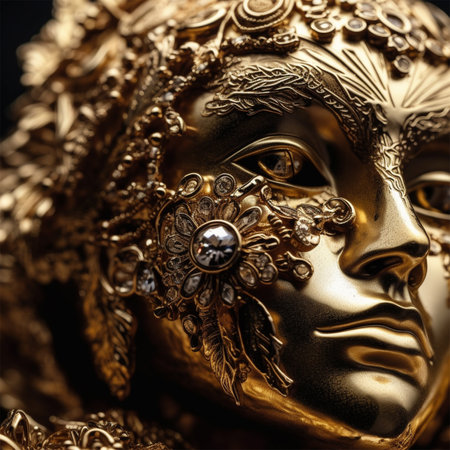 Golden Mask. Intricate golden mask with ornate designs, evoking carnival luxury.の素材