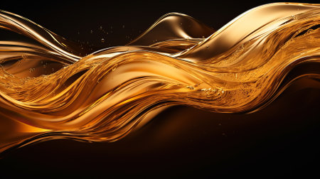 Elegant waves of a golden liquid in motion, resembling smooth satin on a dark background.Abstract Golden Liquid Flow.の素材