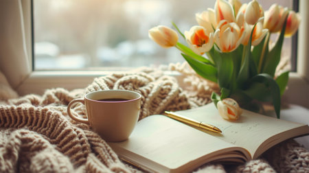 A peaceful reading corner featuring an open book, fresh tulips, and a steaming cup of coffee by the window.の素材