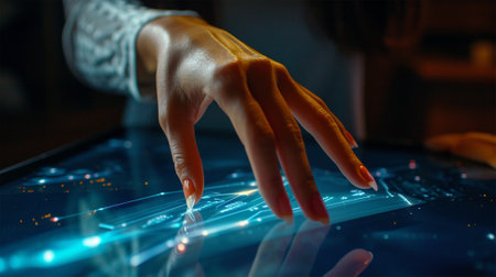 Close-up of a hand interacting with a futuristic holographic touch screen interface.の素材