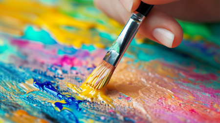 Close-up of a paintbrush adding vibrant yellow to a colorful oil painting.の素材