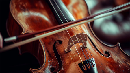 Close-up of a vintage violin and bow, highlighting the instruments wood texture and strings.の素材
