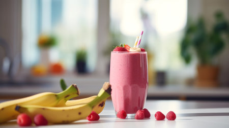 Berry Banana Smoothie.Banana, strawberries in cristal saucer and bannana strawberry milk shake in glass .の素材