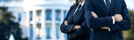 Confident senior executives standing in front of office building.business and management concept bannerの素材