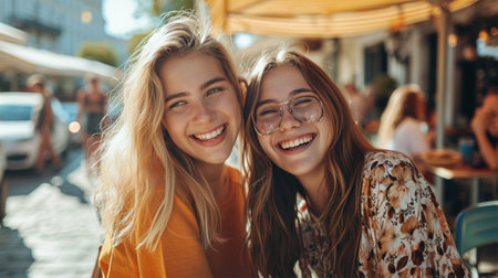 Two young women smiling and enjoying each others company at a sidewalk cafe.の素材