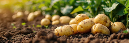 Sunlit potatoes on soil amidst green leaves. Freshly Harvested Potatoes in Field.の素材