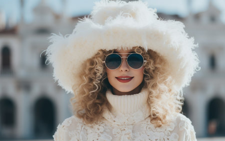 Fashionable young woman with curly hair wearing a chic white fur hat and sunglasses.の素材