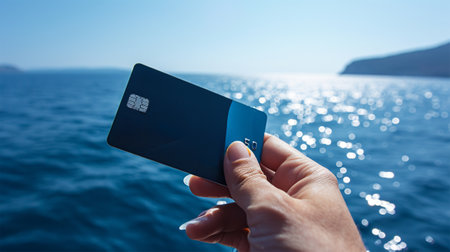 A hand holds a credit card against the backdrop of the sparkling sea. travel conceptの素材