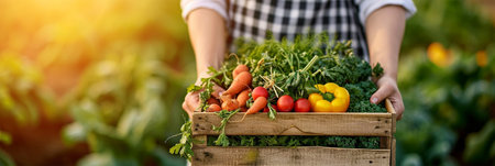 farmers female hands hold a wooden box with fresh vegetables. Harvest field .の素材