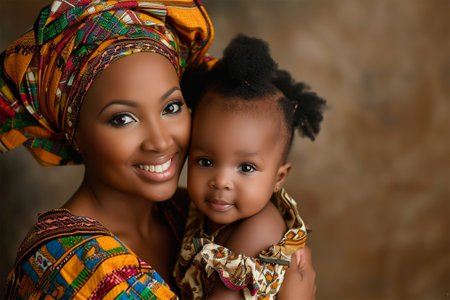 A smiling African American mother in colorful clothing holds her baby, both with curly hair, in a loving embrace.の素材