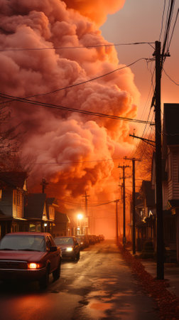 Urban Firestorm. Smoke billows over street as fire rages in urban area at dusk.の素材