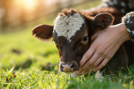 Gentle hands caressing a young calf on a sunlit pasture.の素材