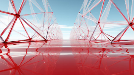 Futuristic red framework reflecting on glossy surface.の素材