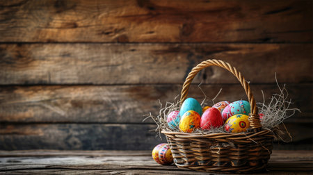 Wicker basket filled with decorated Easter eggs and fresh snowdrop flowers in a rustic wooden setting.の素材