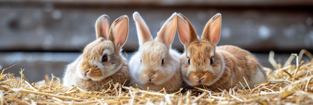 Cute little rabbits are sitting on the straw at the farm relaxingの素材