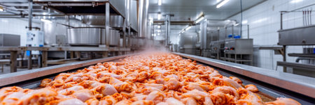 chicken meat in a food factory, clean and fresh, ready for automatic packing .Food Industry Chicken Processing Lineの素材