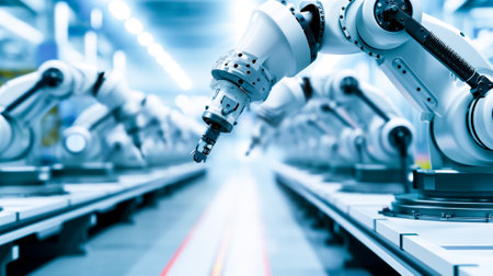 Robotic white metal arms in action on an industrial assembly line.の素材