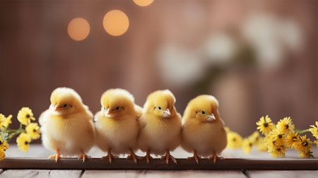 Four little fluffy chickens sitting on a wooden surface against a blurred background.easter concept, copy spaceの素材