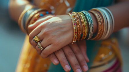 beautiful female hands with many simple stylish bangles in pastel colors .Close-up of a hand gracefully displaying an assortment of gold and gemstone jewelry.の素材