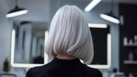 Rear view of a womans silver bob haircut in a salon.Modern Bob Hairstyle.の素材
