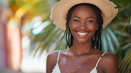Joyful woman with sunhat smiling outdoors.の素材