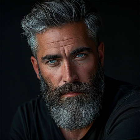 portrait of a tanned, gray-haired man with a piercing gazeの素材